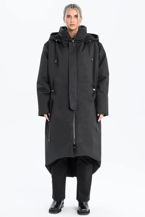 Płaszcz climashield na zimę ciepły długi taliowany z kapturem ocieplany czarny all black designer exclusive (8).jpg