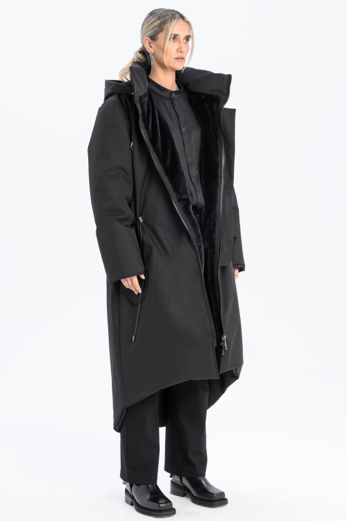 Płaszcz climashield na zimę ciepły długi taliowany z kapturem ocieplany czarny all black designer exclusive (15).jpg