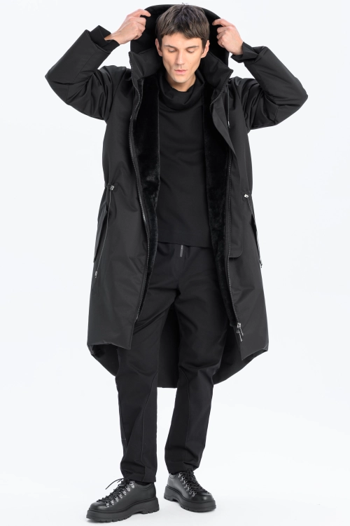 Płaszcz climashield na zimę ciepły długi taliowany z kapturem ocieplany czarny all black designer exclusive męski (17).jpg