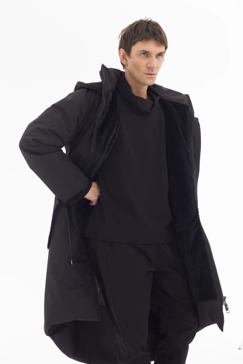 Płaszcz climashield na zimę ciepły długi taliowany z kapturem ocieplany czarny all black designer exclusive męski (6).jpg